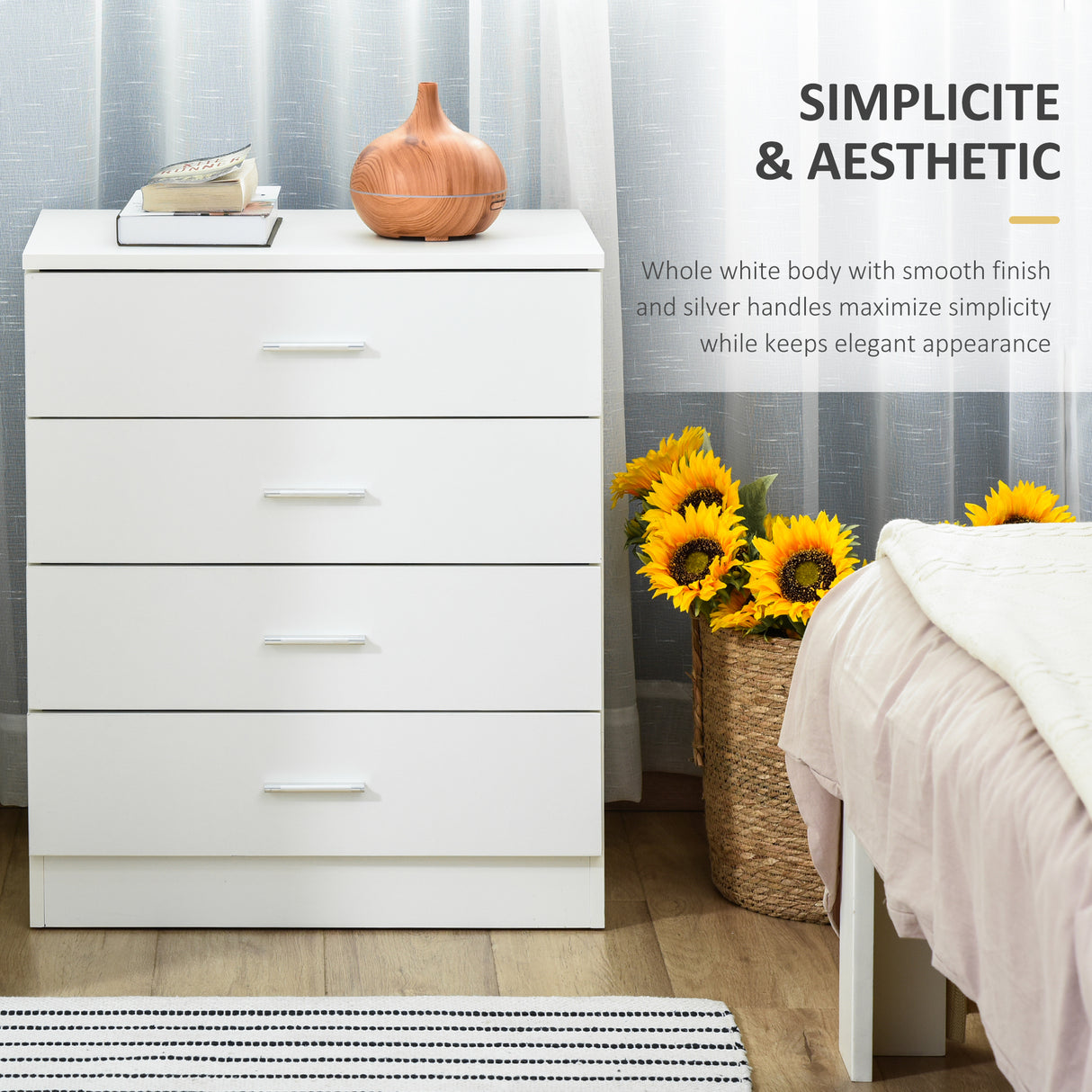 Wooden Chest Of 4 Drawers 60cm Wide With Metal Rails - Velmora