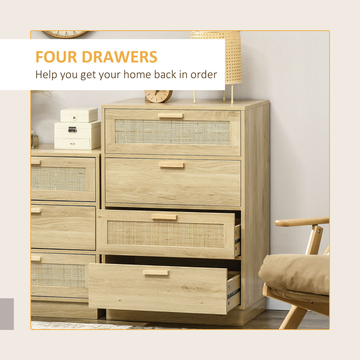 Wooden Chest Of 4 Drawers 60cm Wide With Rattan Weave Panel - Velmora