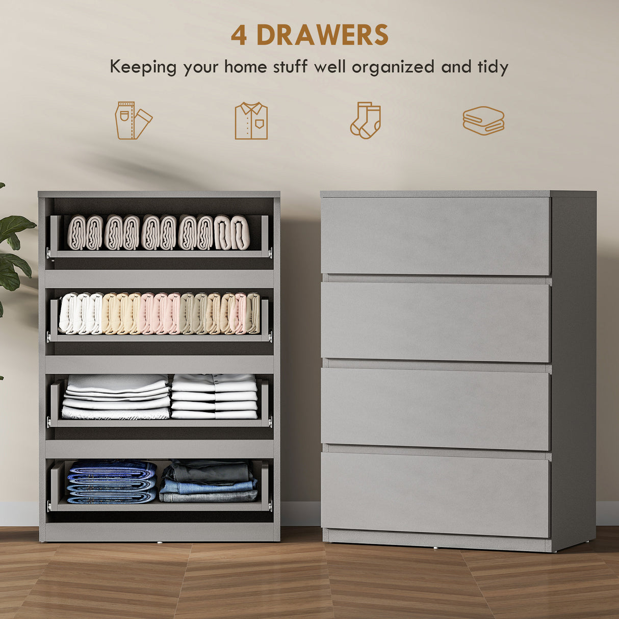 Wooden Chest Of 4 Drawers 80cm H x 55cm W x 34cm D - Velmora