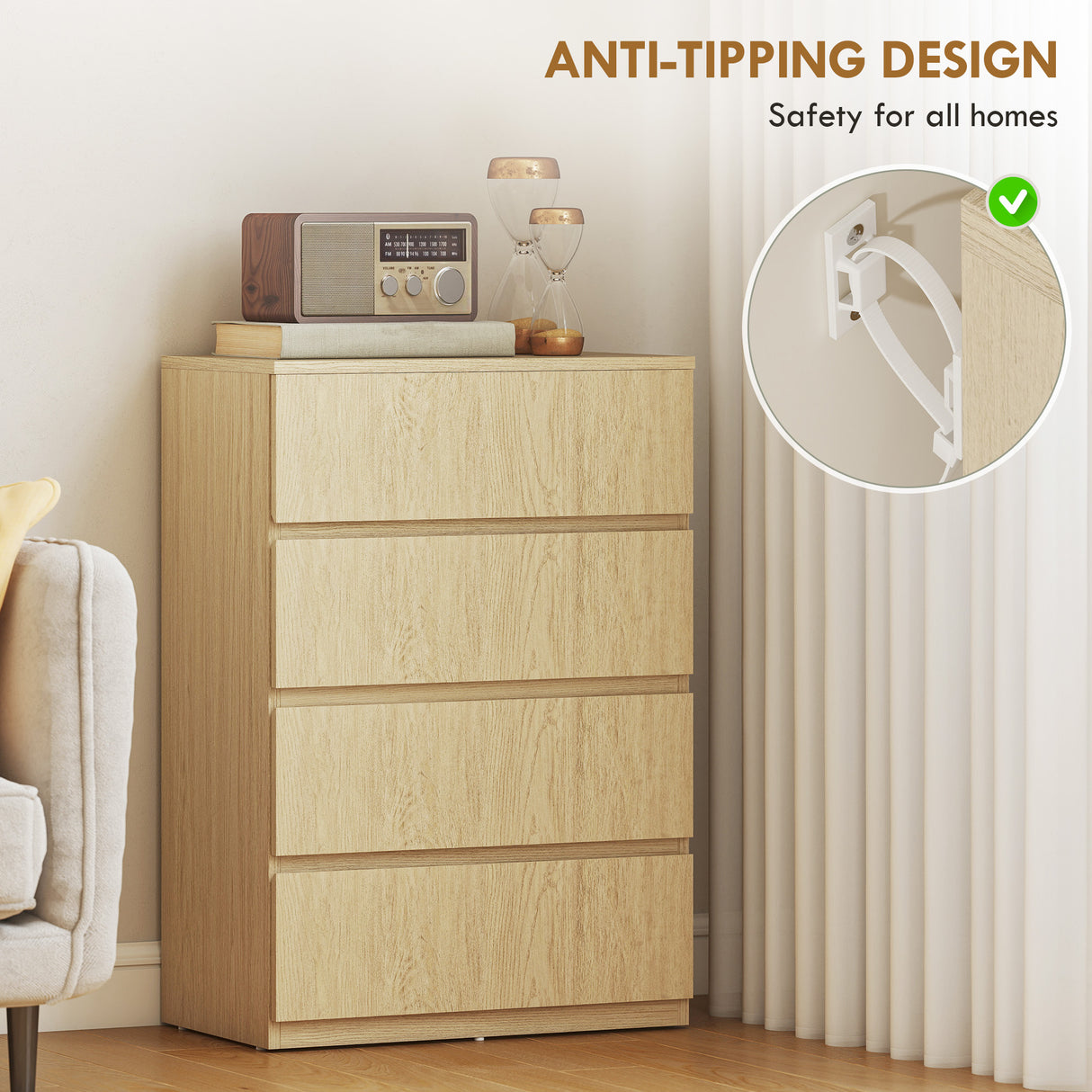 Wooden Chest Of 4 Drawers 80cm H x 55cm W x 34cm D - Velmora