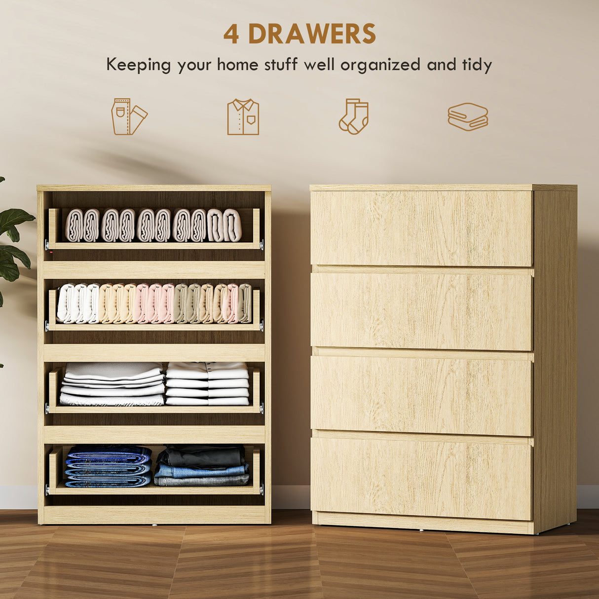 Wooden Chest Of 4 Drawers 80cm H x 55cm W x 34cm D - Velmora