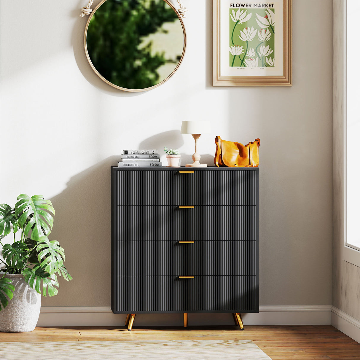 Wooden Chest Of 4 Drawers 80cm Wide With Gold Handles - Velmora