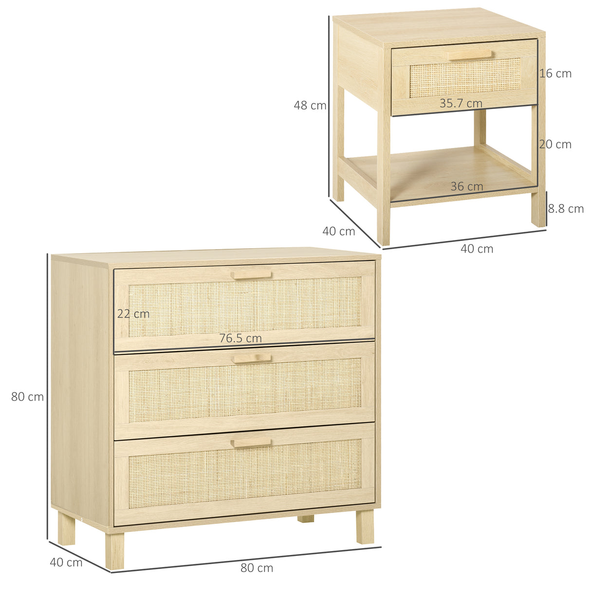 Wooden Chest Of 4 Drawers 80cm Wide With Two Bedside Cabinet 40cm Wide - Velmora