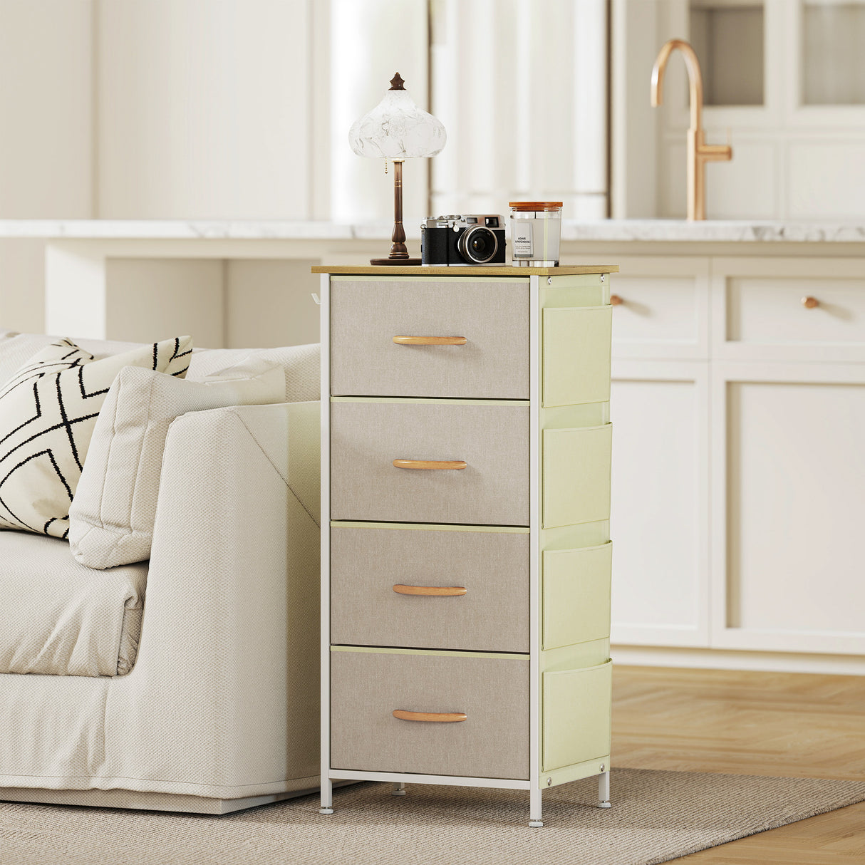 Wooden Chest Of 4 Fabric Drawers 45cm Wide With Steel Frame - Velmora