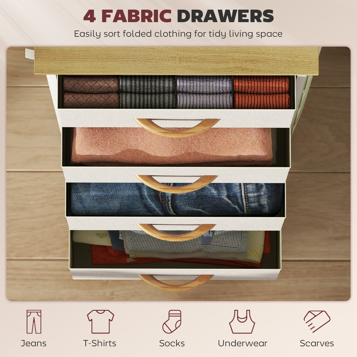 Wooden Chest Of 4 Fabric Drawers 45cm Wide With Steel Frame - Velmora