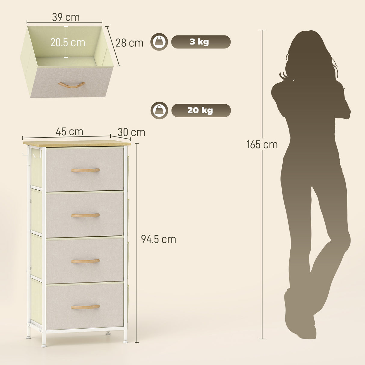 Wooden Chest Of 4 Fabric Drawers 45cm Wide With Steel Frame - Velmora