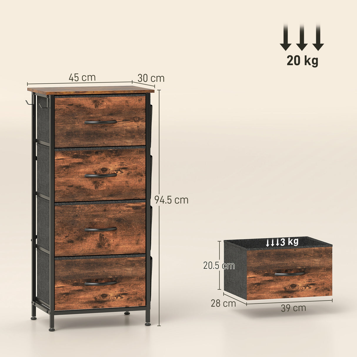 Wooden Chest Of 4 Fabric Drawers 45cm Wide With Steel Frame - Velmora