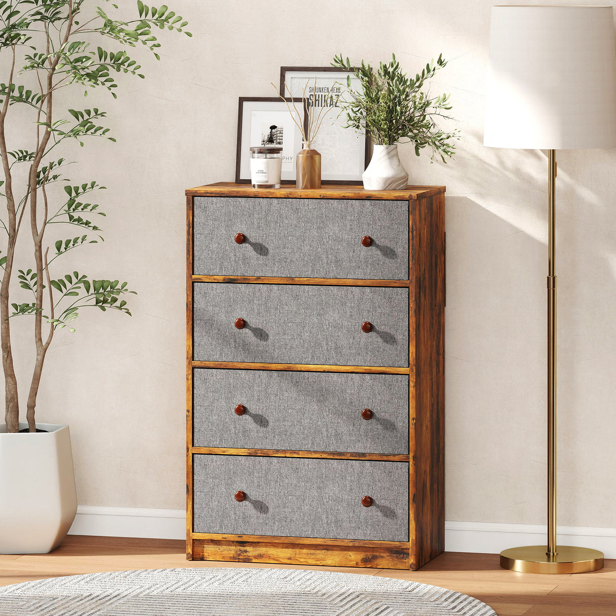 Wooden Chest Of 4 Fabric Drawers 58cm Wide - Velmora
