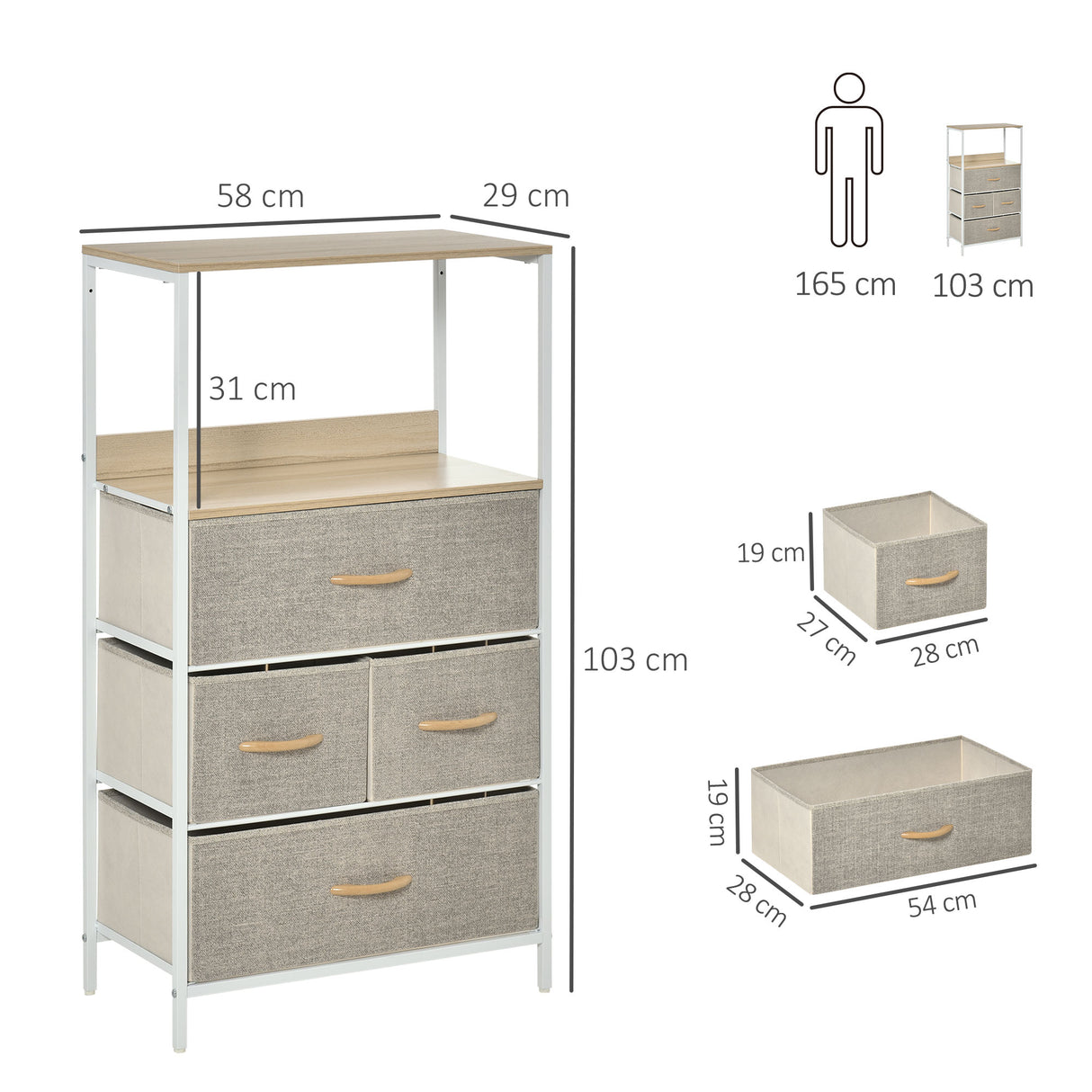 Wooden Chest Of 4 Fabric Drawers 58cm Wide With Metal Frame - Velmora