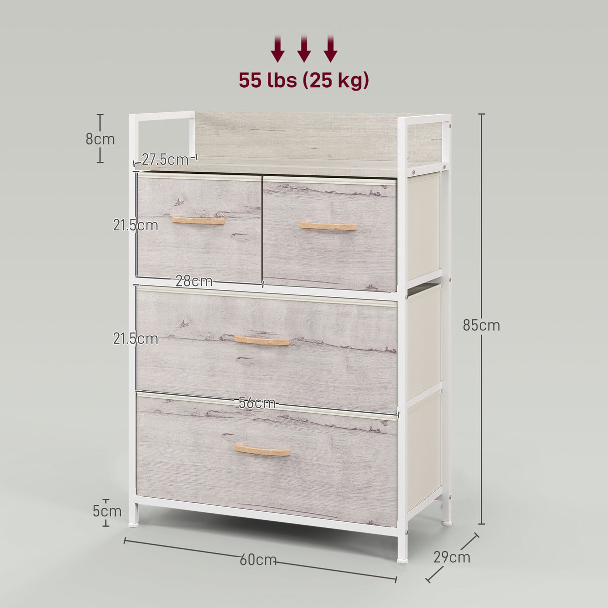 Wooden Chest Of 4 Fabric Drawers 60cm Wide With Steel Frame - Velmora