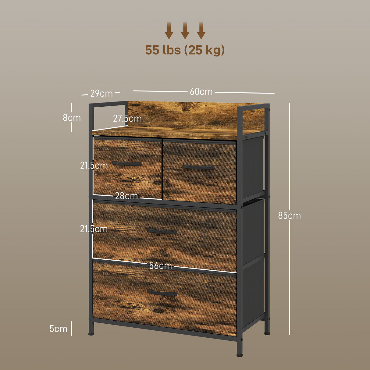 Wooden Chest Of 4 Fabric Drawers 60cm Wide With Steel Frame - Velmora