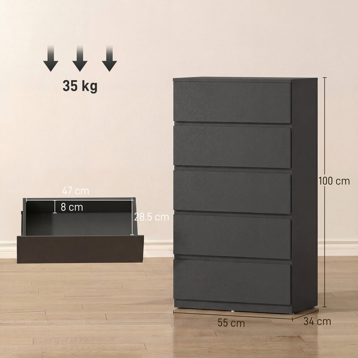 Wooden Chest Of 5 Drawers 100cm H x 55cm W x 34cm D - Velmora