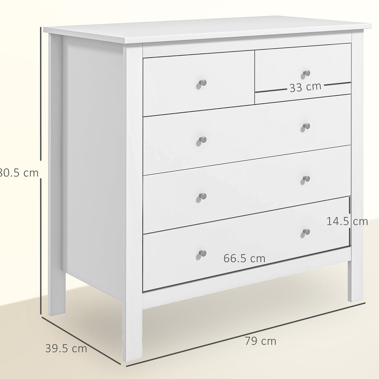 Wooden Chest Of 5 Drawers 79cm Wide With Round Metal Knobs - Velmora