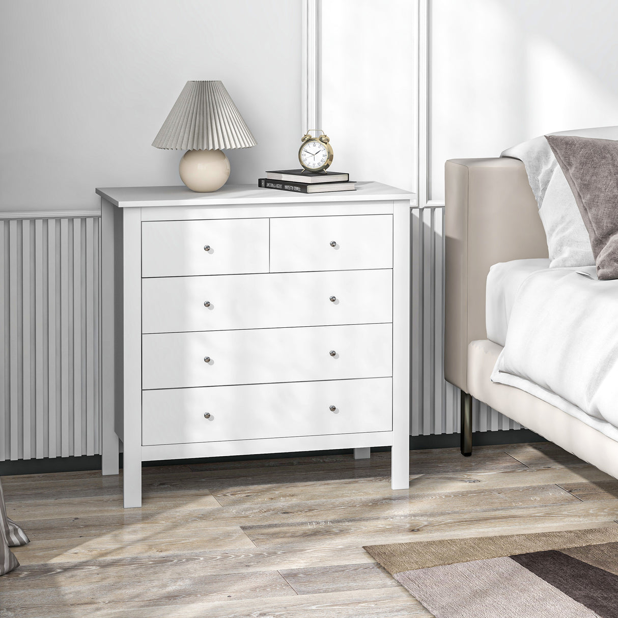 Wooden Chest Of 5 Drawers 79cm Wide With Round Metal Knobs - Velmora