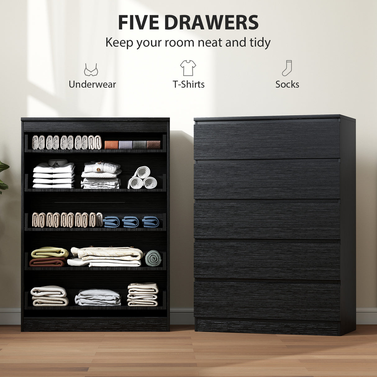 Wooden Chest Of 5 Drawers 80cm Wide - Velmora