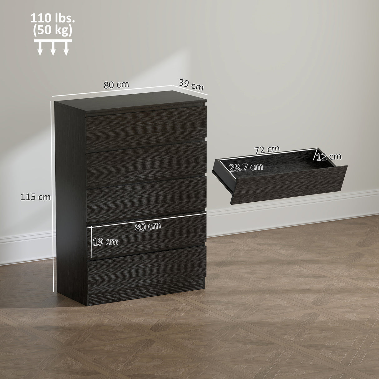 Wooden Chest Of 5 Drawers 80cm Wide - Velmora
