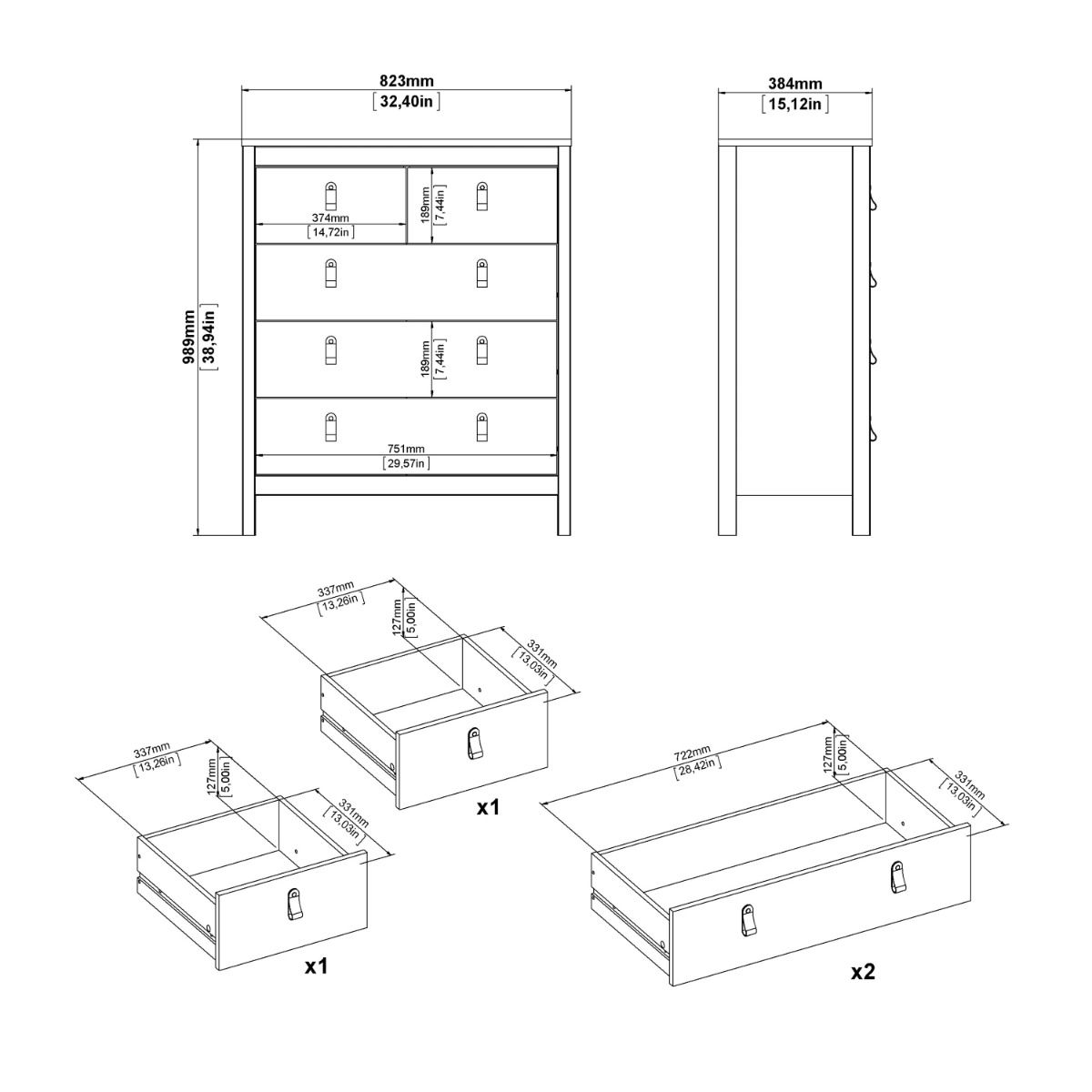 Wooden Chest Of 5 Drawers - Barcelona