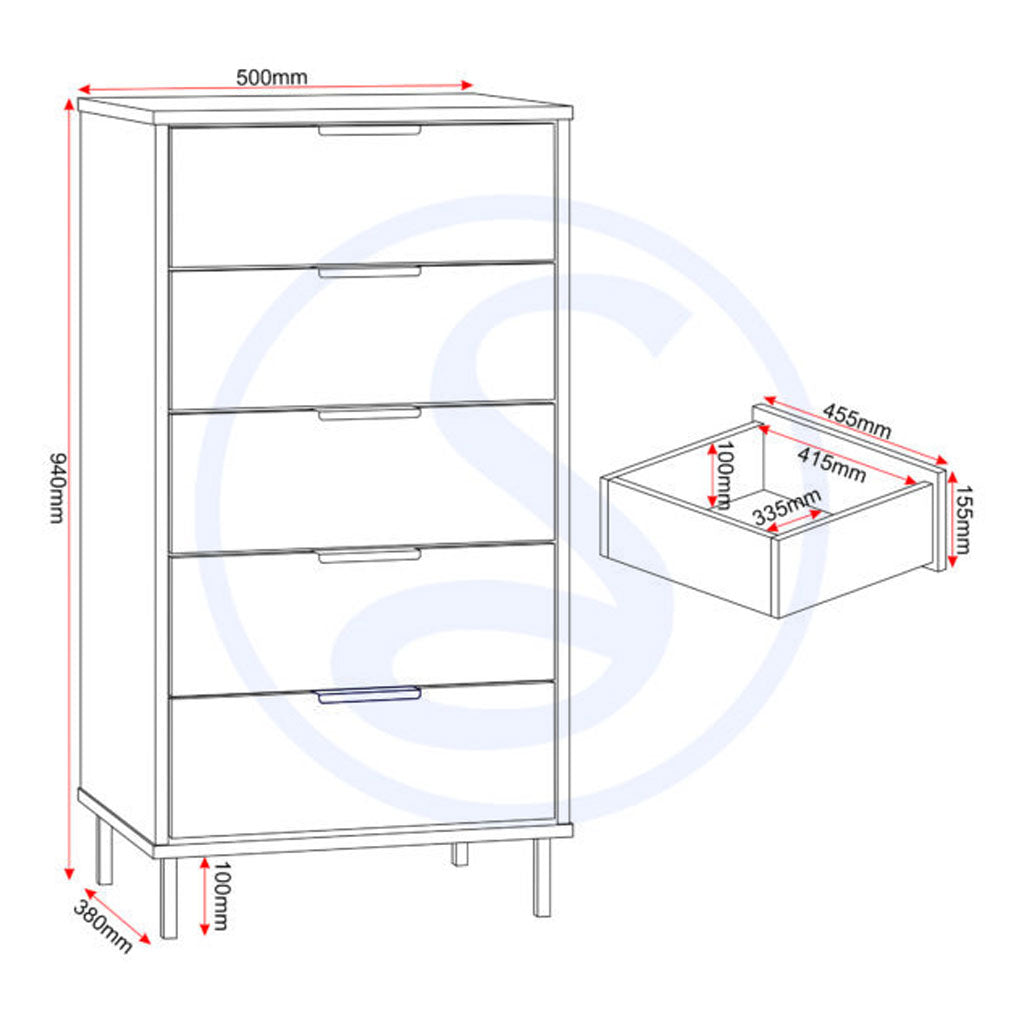 Wooden Chest Of 5 Drawers Narrow - Madrid