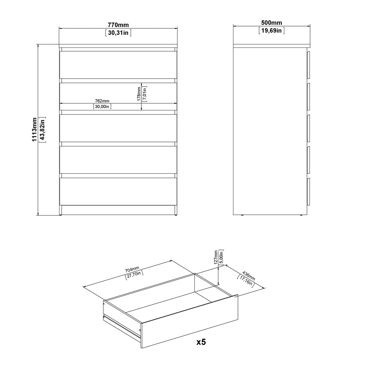 Wooden Chest Of 5 Drawers - Naia