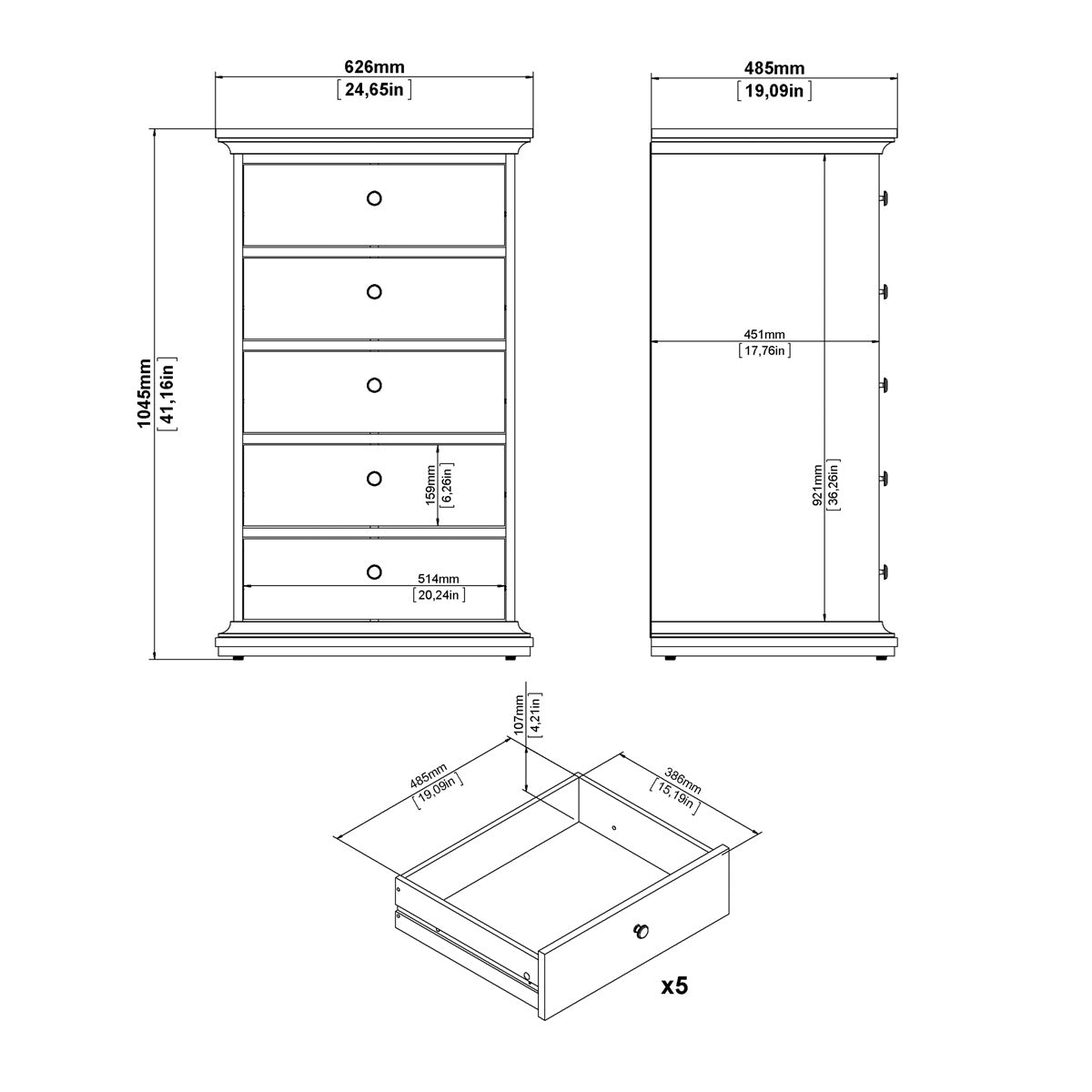 Wooden Chest Of 5 Drawers - Paris