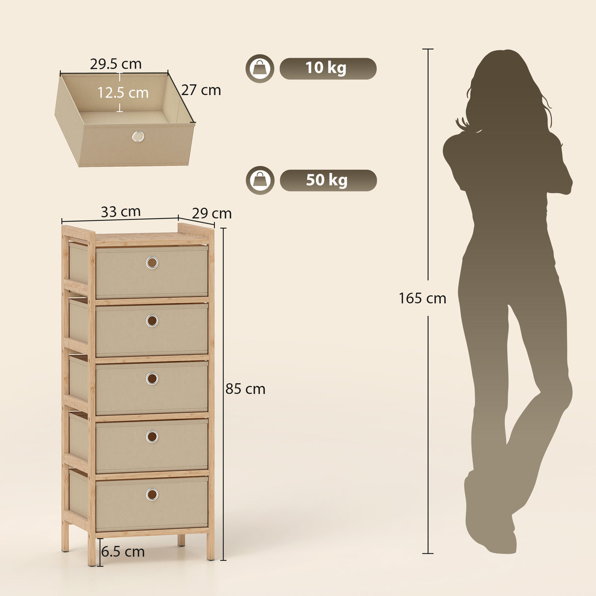 Wooden Chest Of 5 Fabric Drawers 33cm Wide - Velmora