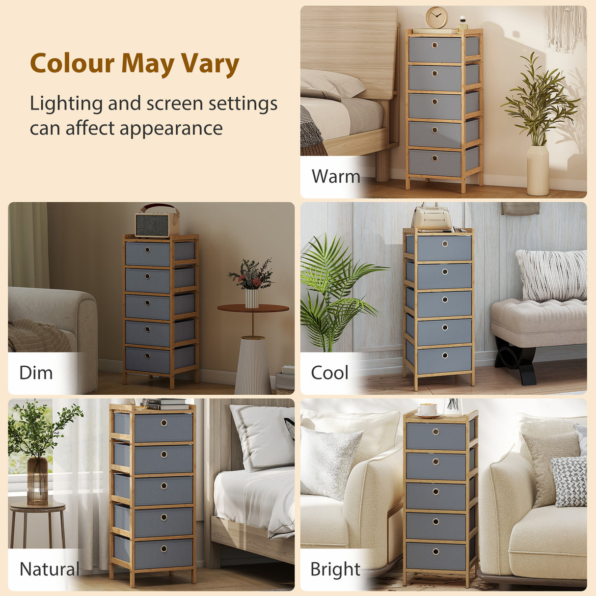 Wooden Chest Of 5 Fabric Drawers 33cm Wide - Velmora