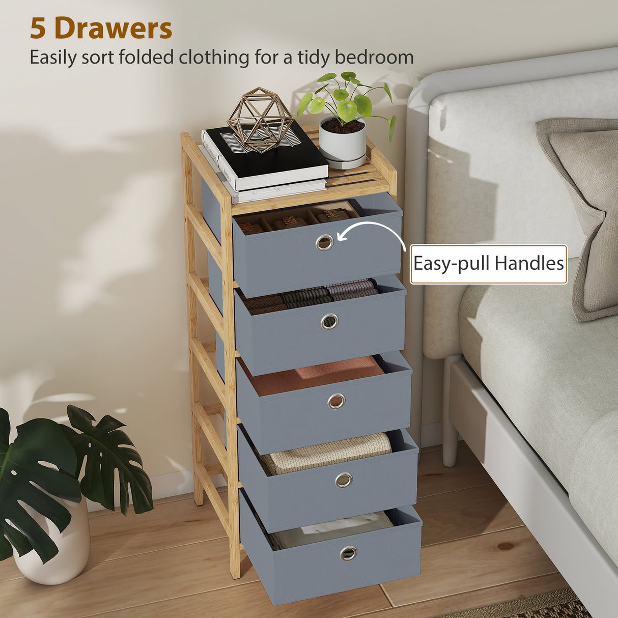 Wooden Chest Of 5 Fabric Drawers 33cm Wide - Velmora