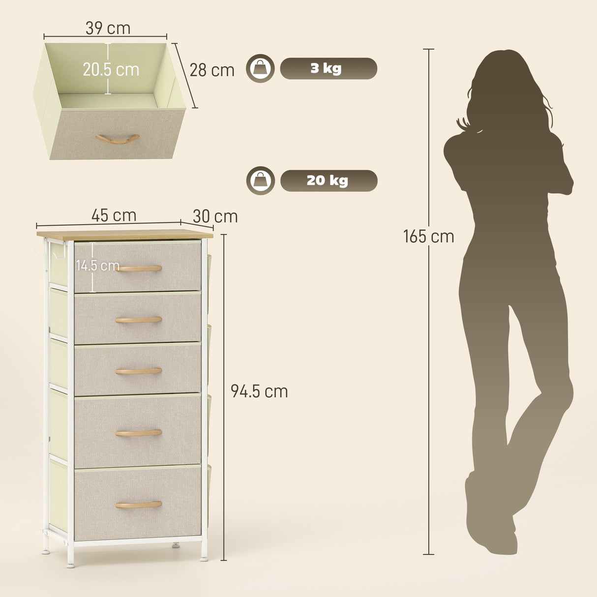 Wooden Chest Of 5 Fabric Drawers 45cm Wide With Steel Frame And Handle - Velmora