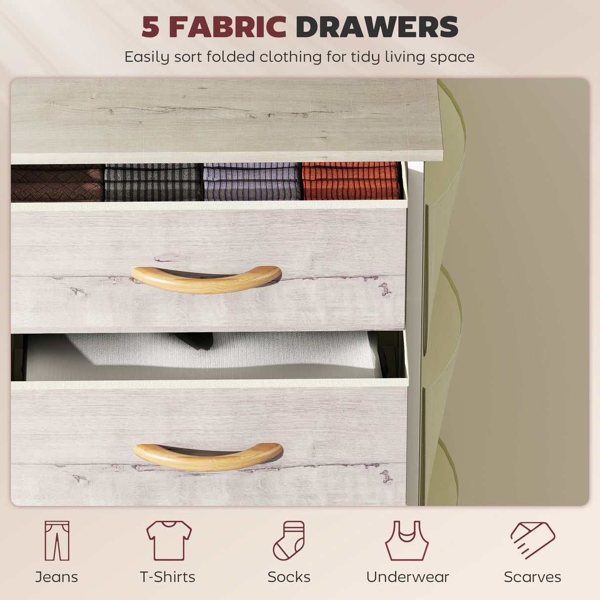 Wooden Chest Of 5 Fabric Drawers 45cm Wide With Steel Frame And Handle - Velmora