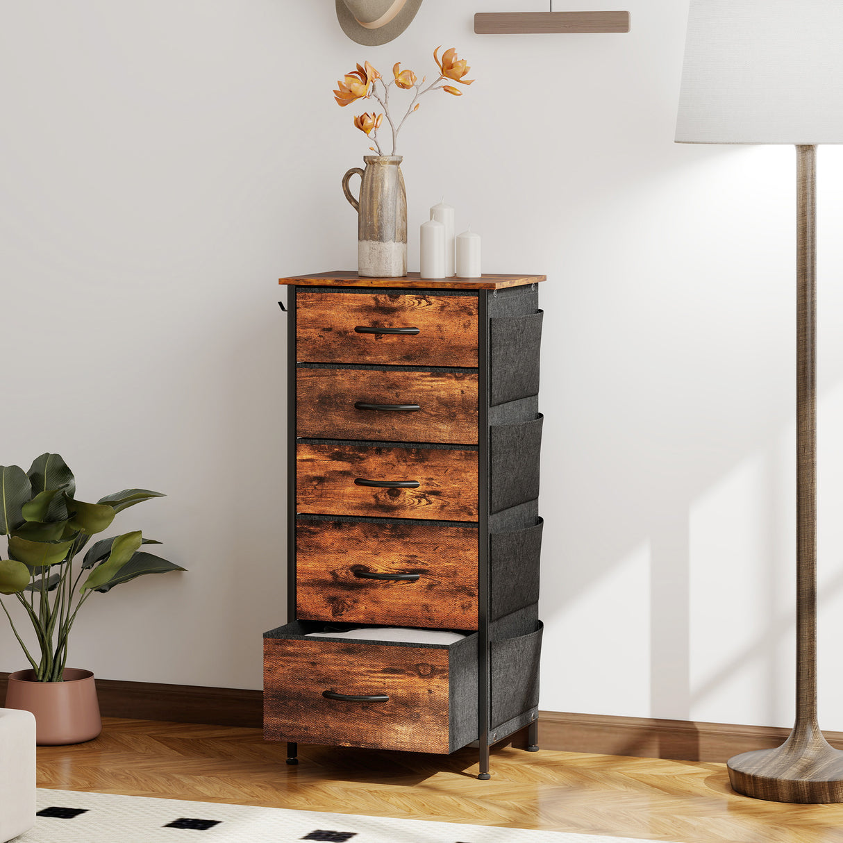 Wooden Chest Of 5 Fabric Drawers 45cm Wide With Steel Frame And Handle - Velmora