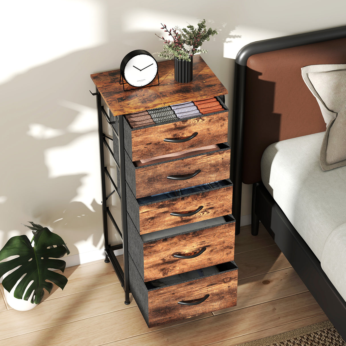 Wooden Chest Of 5 Fabric Drawers 45cm Wide With Steel Frame And Handle - Velmora