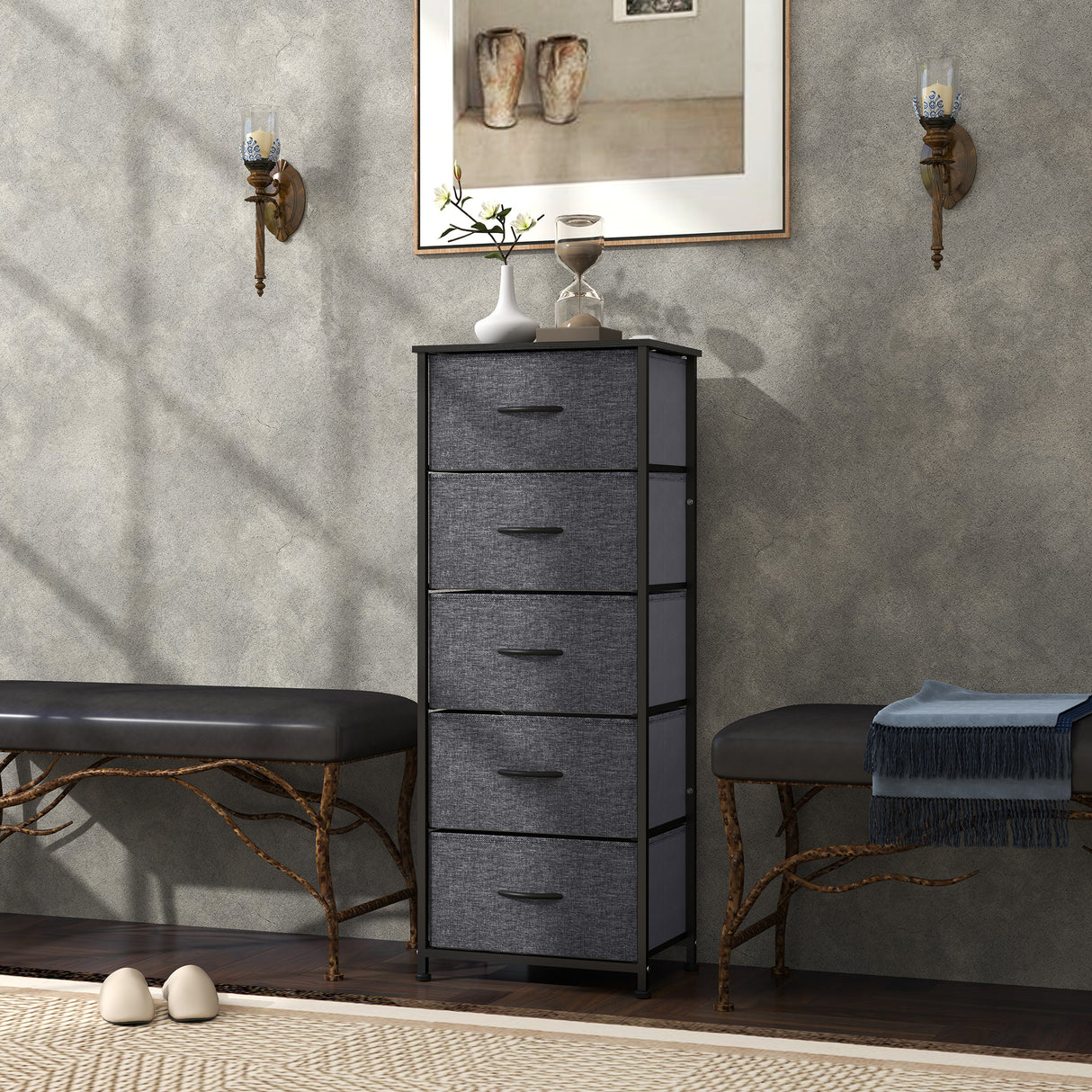 Wooden Chest Of 5 Fabric Drawers 45cm Wide With Steel Frame - Velmora