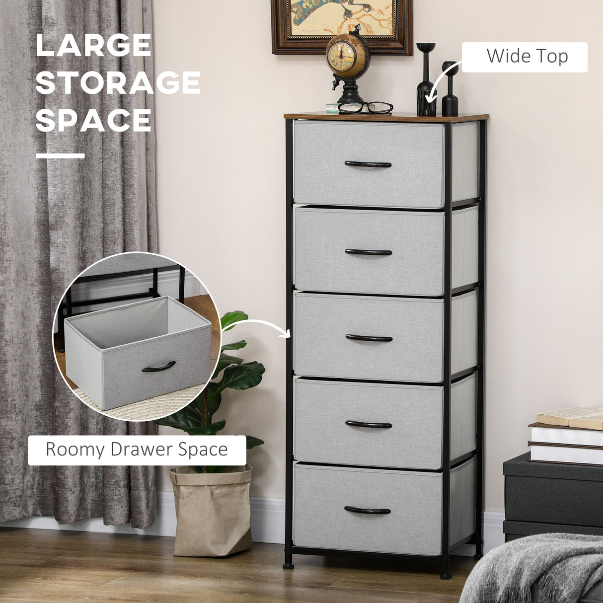 Wooden Chest Of 5 Fabric Drawers 45cm Wide With Steel Frame - Velmora