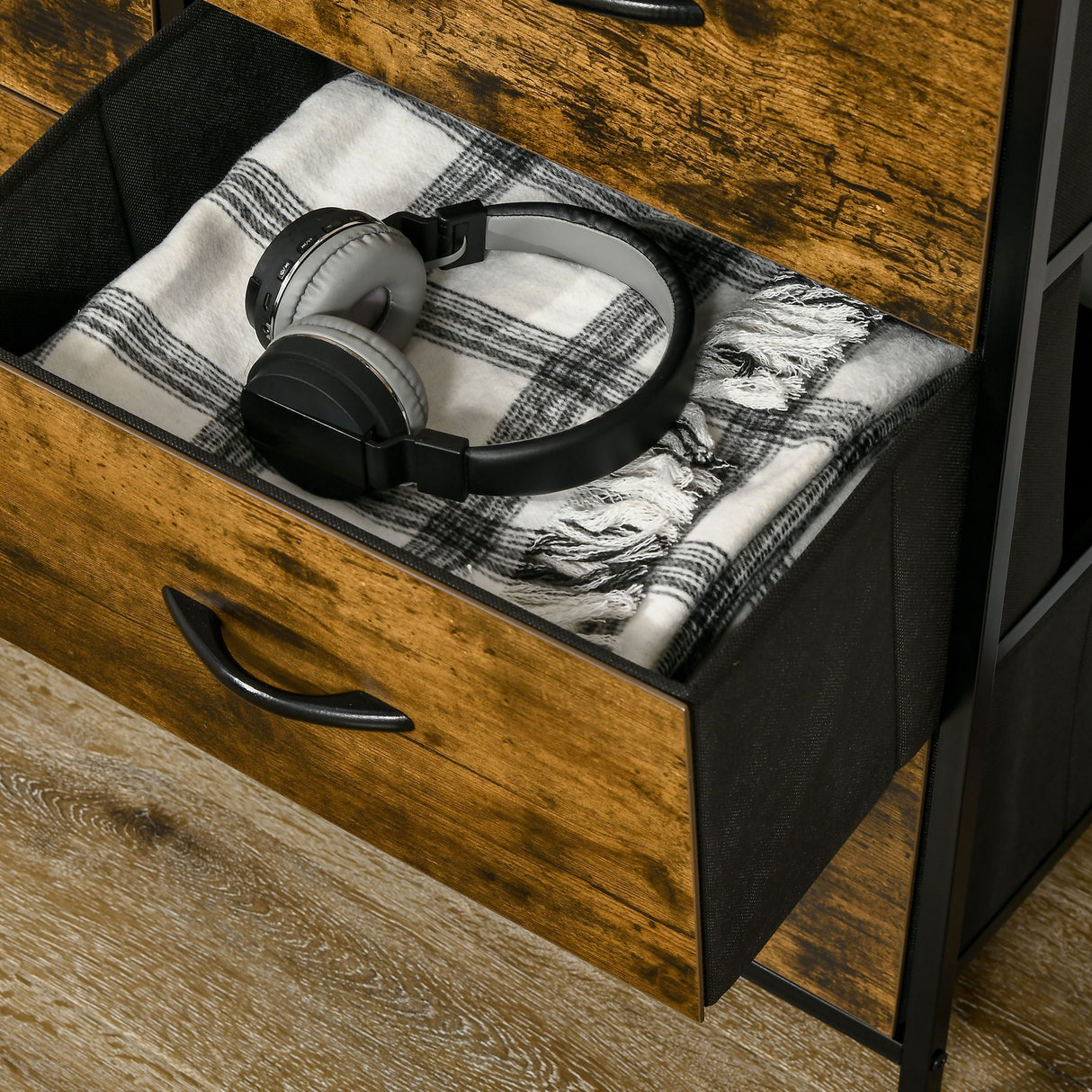Wooden Chest Of 5 Fabric Drawers 83.5cm Wide With Steel Frame - Velmora