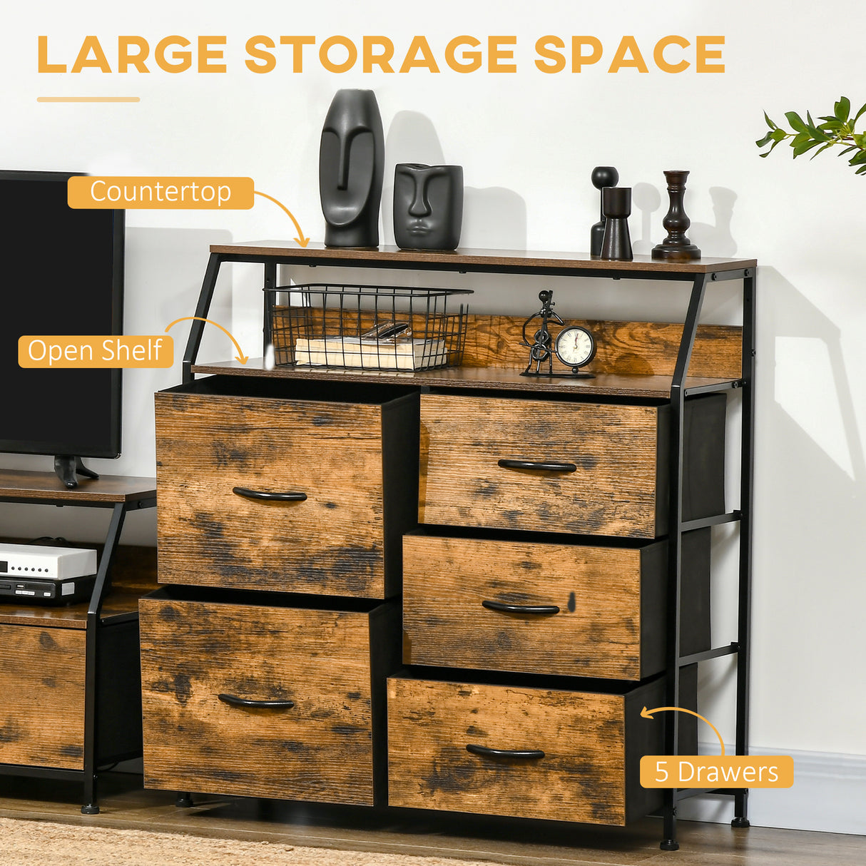 Wooden Chest Of 5 Fabric Drawers 83.5cm Wide With Steel Frame - Velmora