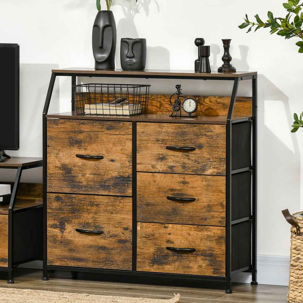 Wooden Chest Of 5 Fabric Drawers 83.5cm Wide With Steel Frame - Velmora