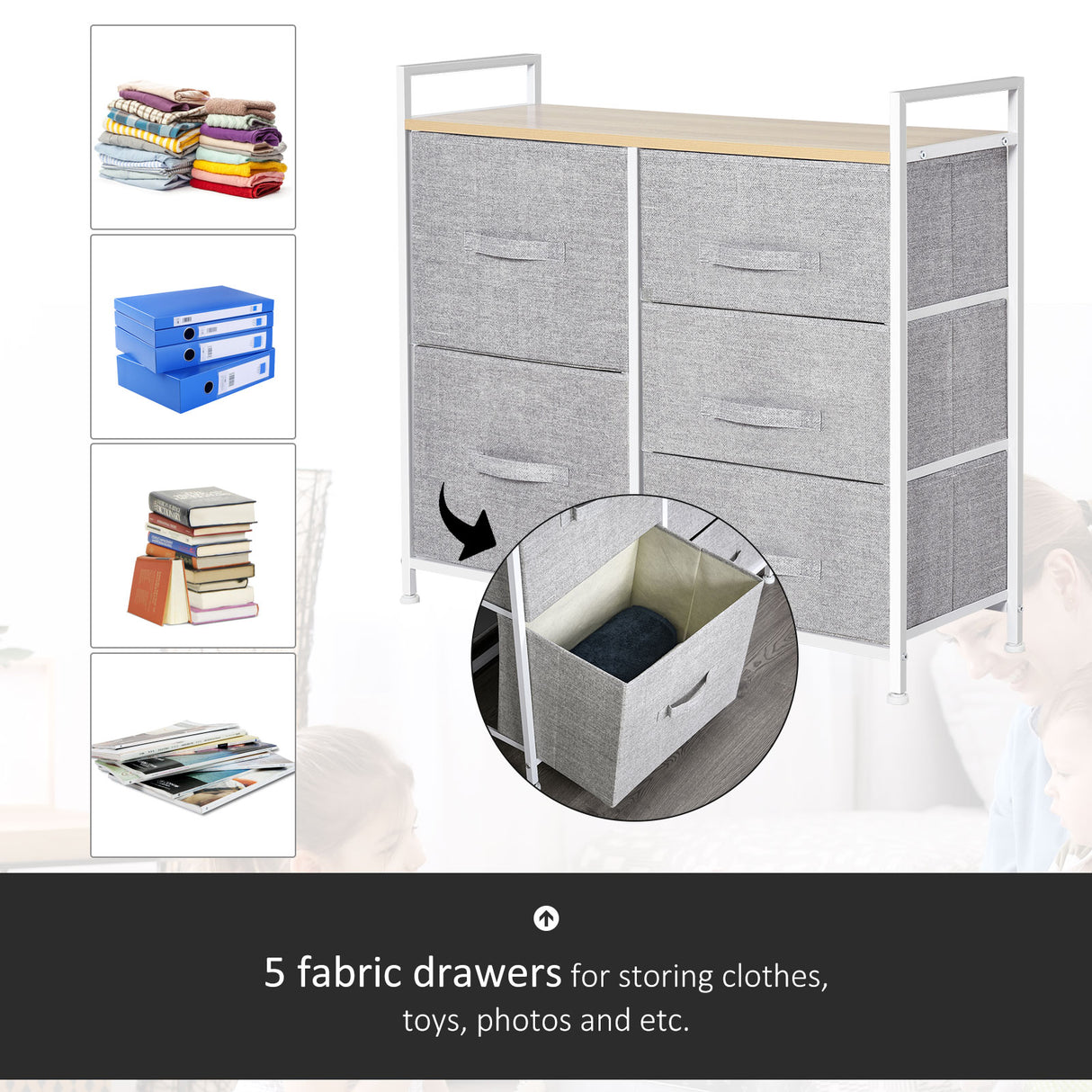 Wooden Chest Of 5 Fabric Drawers 83cm Wide With Metal Frame - Velmora