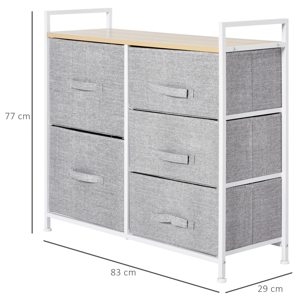 Wooden Chest Of 5 Fabric Drawers 83cm Wide With Metal Frame - Velmora