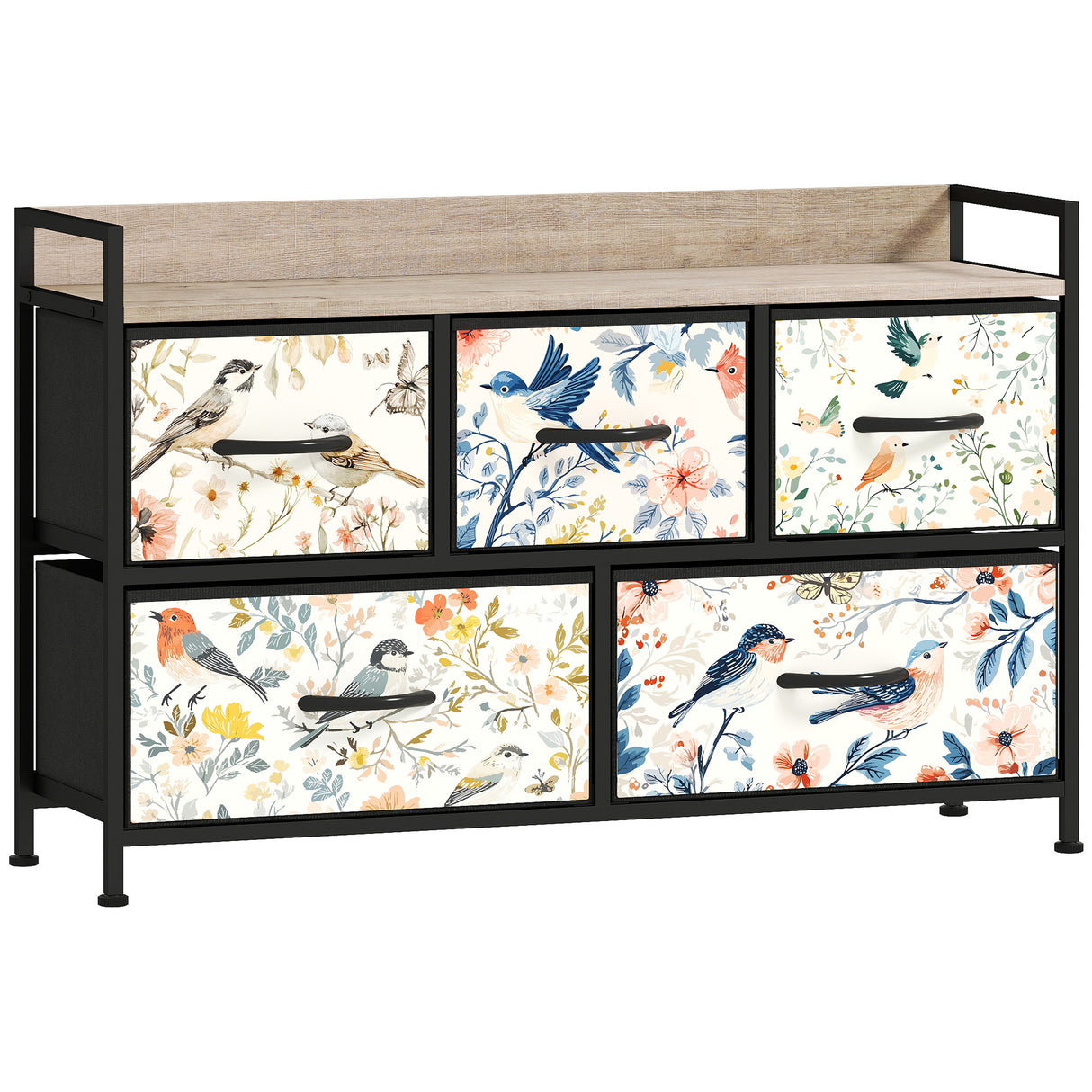 Wooden Chest Of 5 Fabric Drawers 98cm Wide With Steel Frame And Handle - Velmora