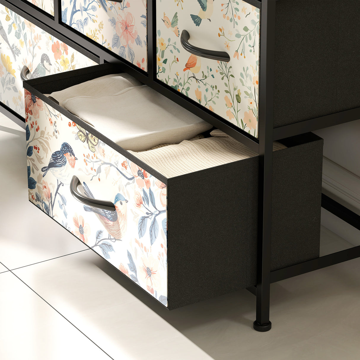Wooden Chest Of 5 Fabric Drawers 98cm Wide With Steel Frame And Handle - Velmora
