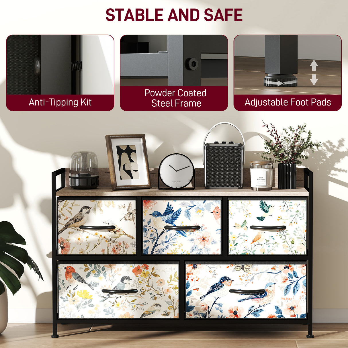 Wooden Chest Of 5 Fabric Drawers 98cm Wide With Steel Frame And Handle - Velmora