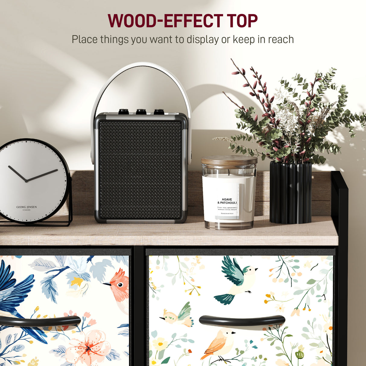 Wooden Chest Of 5 Fabric Drawers 98cm Wide With Steel Frame And Handle - Velmora