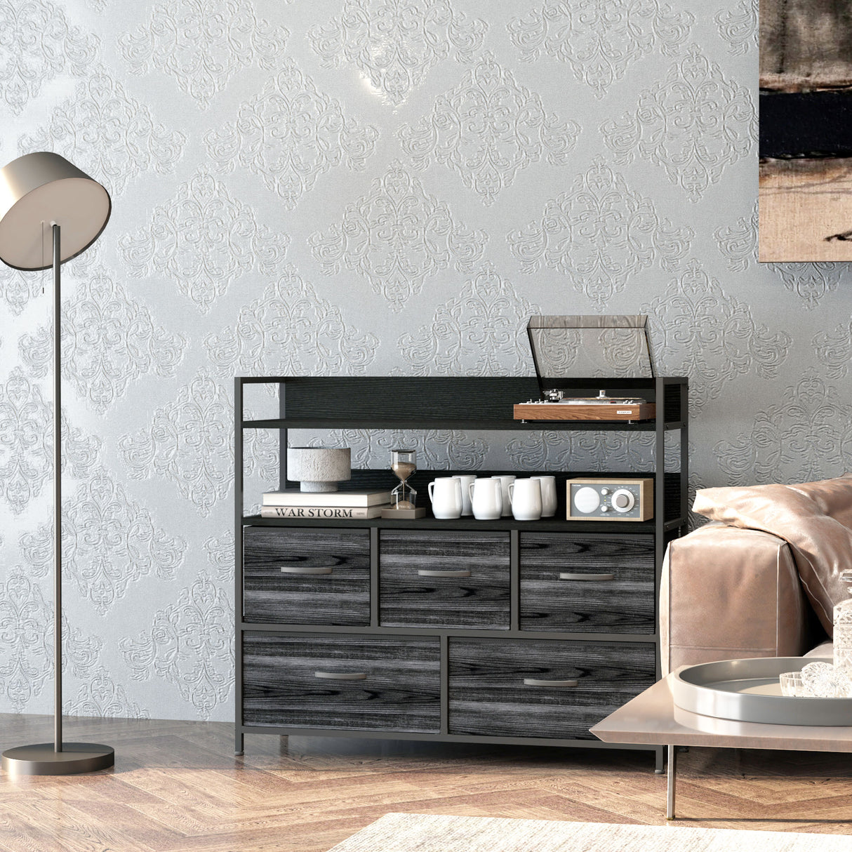 Wooden Chest Of 5 Fabric Drawers 98cm Wide With Steel Frame - Velmora