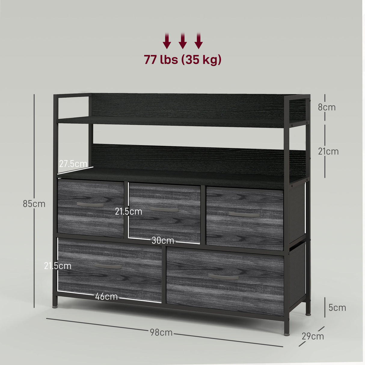Wooden Chest Of 5 Fabric Drawers 98cm Wide With Steel Frame - Velmora