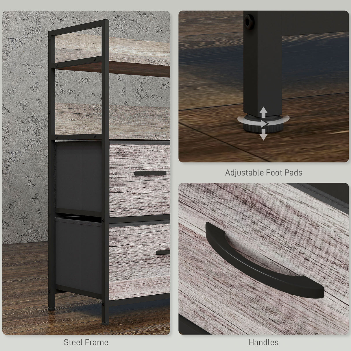 Wooden Chest Of 5 Fabric Drawers 98cm Wide With Steel Frame - Velmora