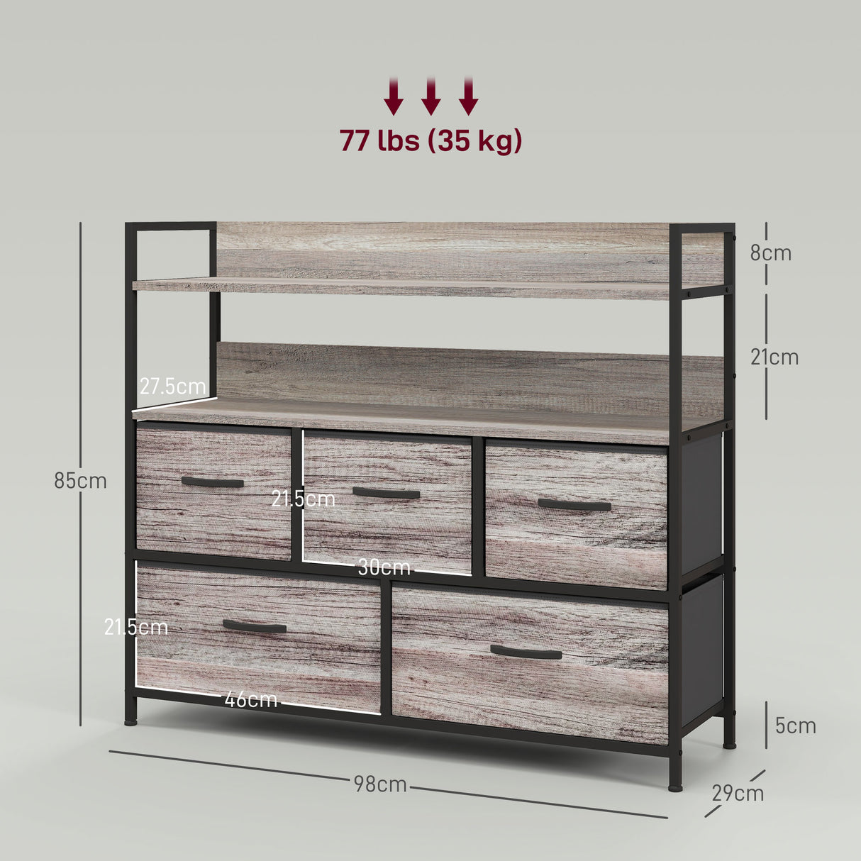 Wooden Chest Of 5 Fabric Drawers 98cm Wide With Steel Frame - Velmora