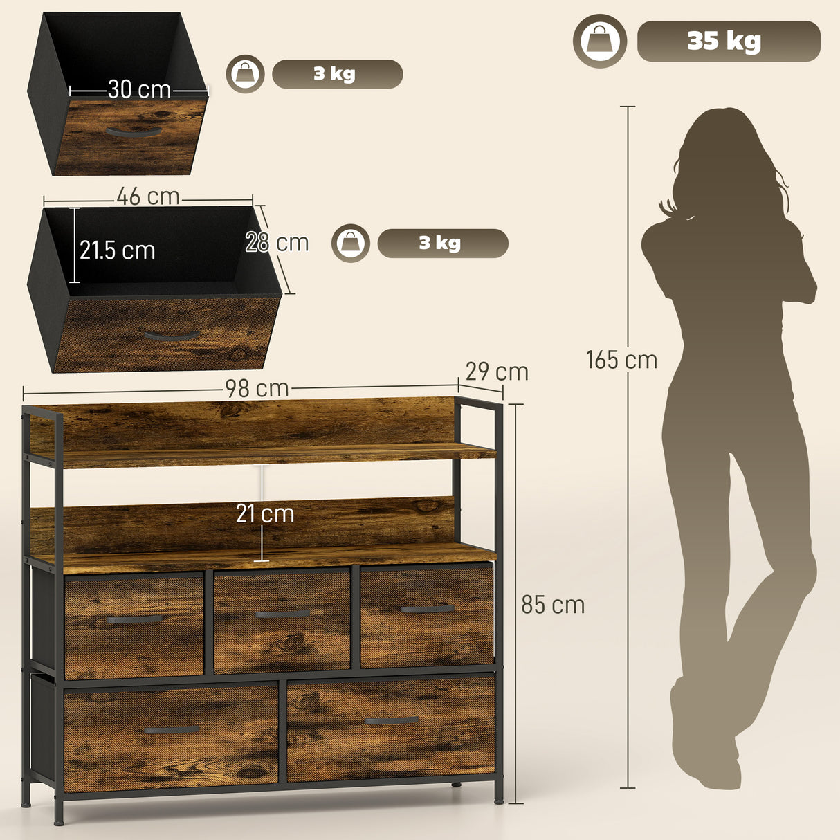 Wooden Chest Of 5 Fabric Drawers 98cm Wide With Steel Frame - Velmora