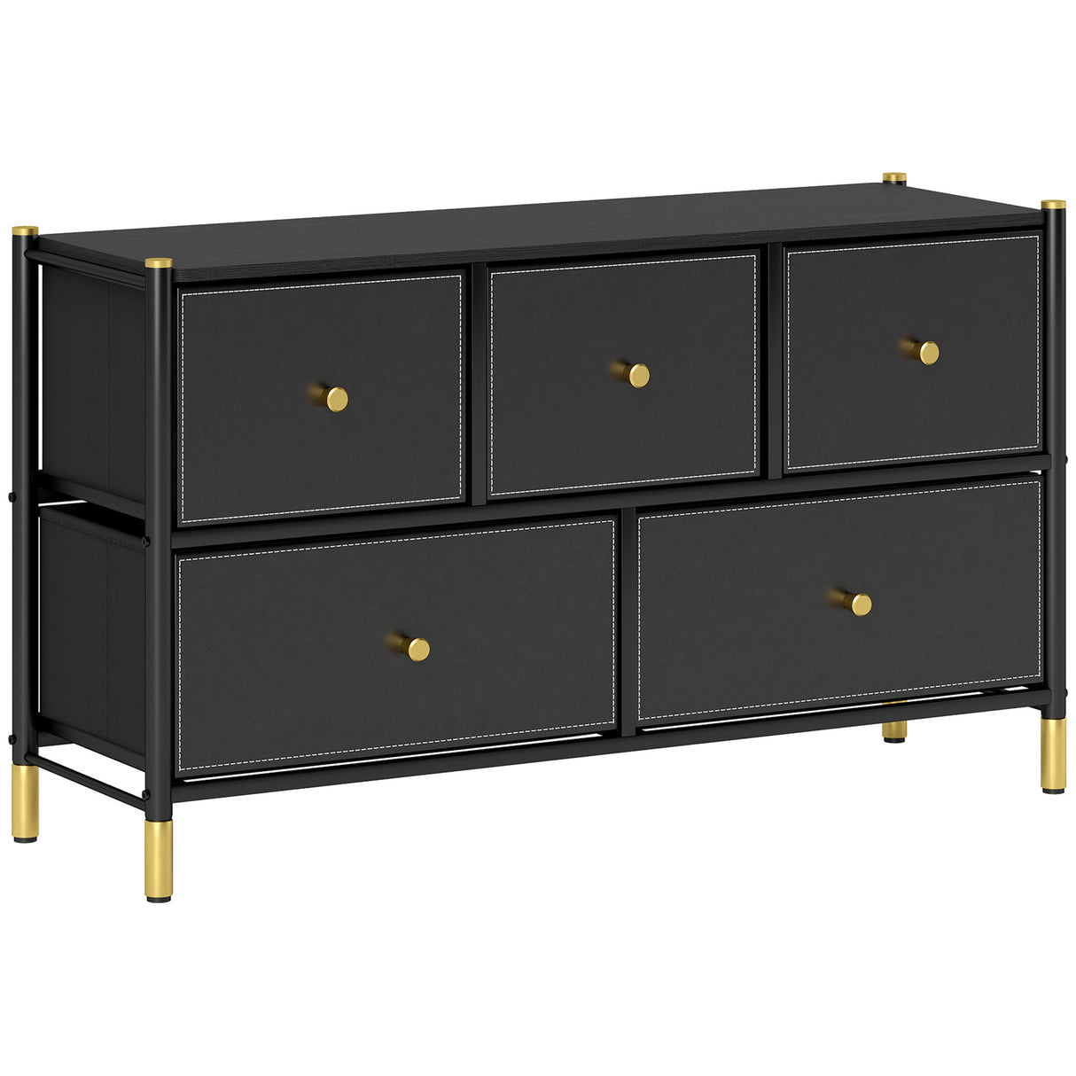 Wooden Chest Of 5 Faux Leather Drawers Front 100cm Wide With Metal Frame - Velmora
