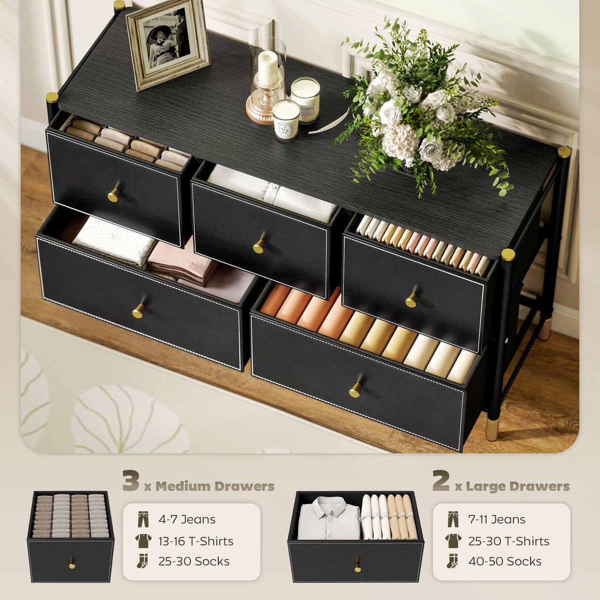 Wooden Chest Of 5 Faux Leather Drawers Front 100cm Wide With Metal Frame - Velmora