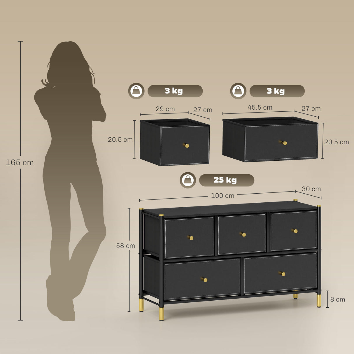 Wooden Chest Of 5 Faux Leather Drawers Front 100cm Wide With Metal Frame - Velmora